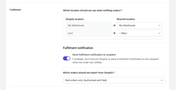 Shopify fulfilment notification setting in Ricemill