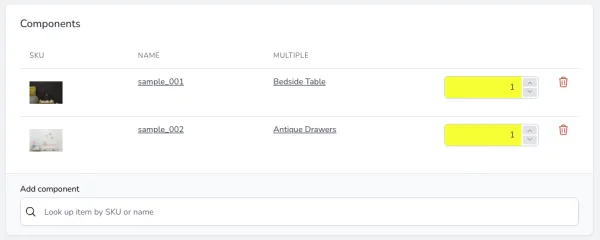 Required quantity for each bundle component