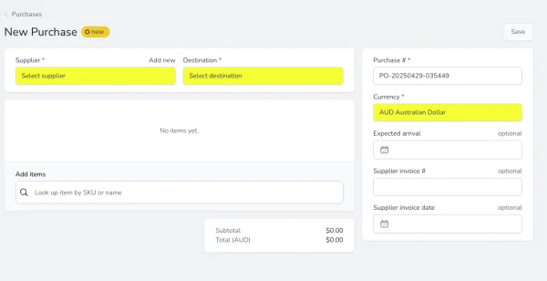 Supplier and destination fields on a new purchase order