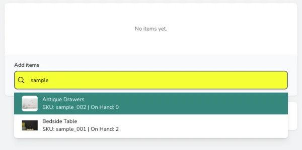 Search field for adding inventory items to a purchase