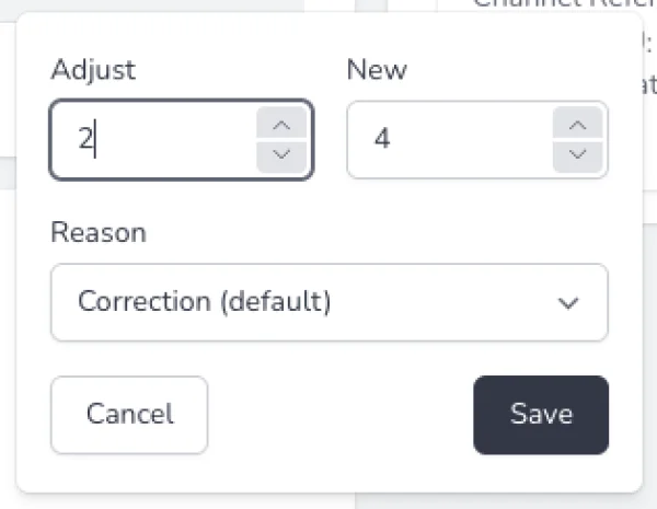 Inventory adjustment amount and reason fields