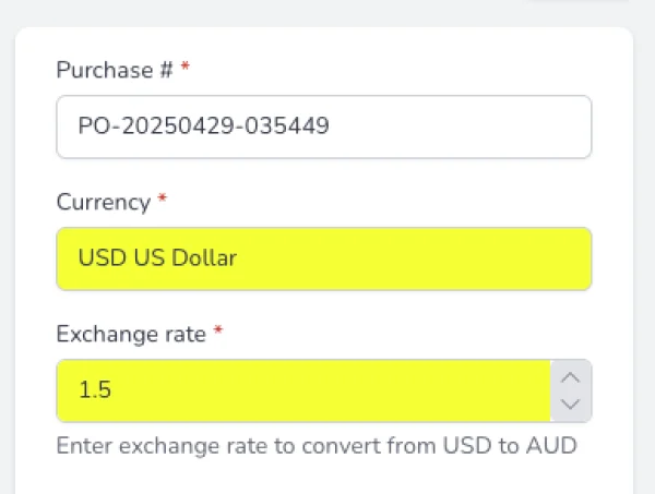 Currency and exchange-rate fields for a purchase order